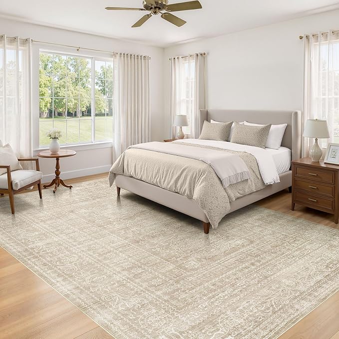 5x7 Area Rugs Living Room: Washable Large Vintage Rug Neutral Non-Slip Soft Stain Resistant Indoor Carpet for Bedroom Nursery Dining Room Under Table Bed Home House Office Playroom - Brown