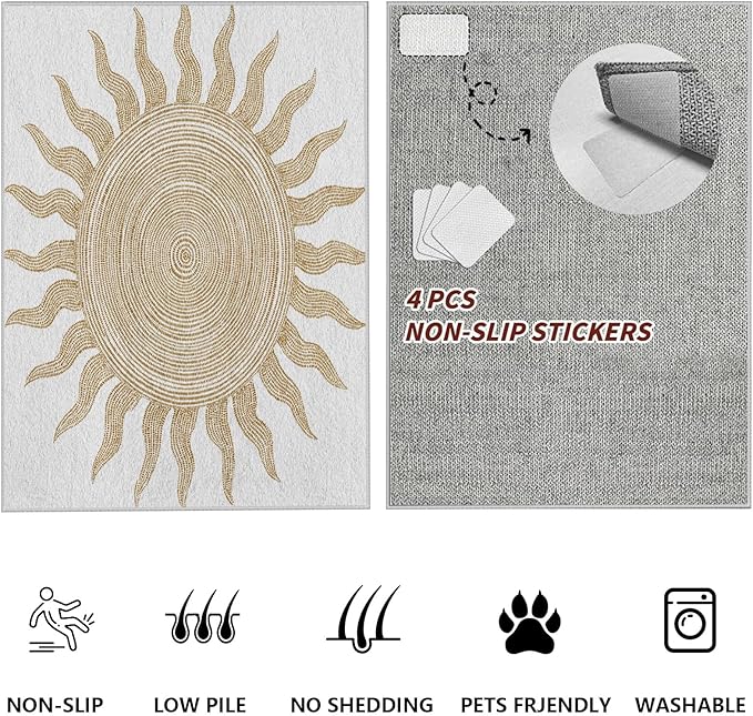 Boho Washable Rugs for Bedroom 8x10, Modern Sun Print Soft Minimalism Area Rug, Non Slip Low Pile Abstract Carpet for Classroom Living Room Decor Dining Room Sofa Kids Nursery Room, Beige Yellow