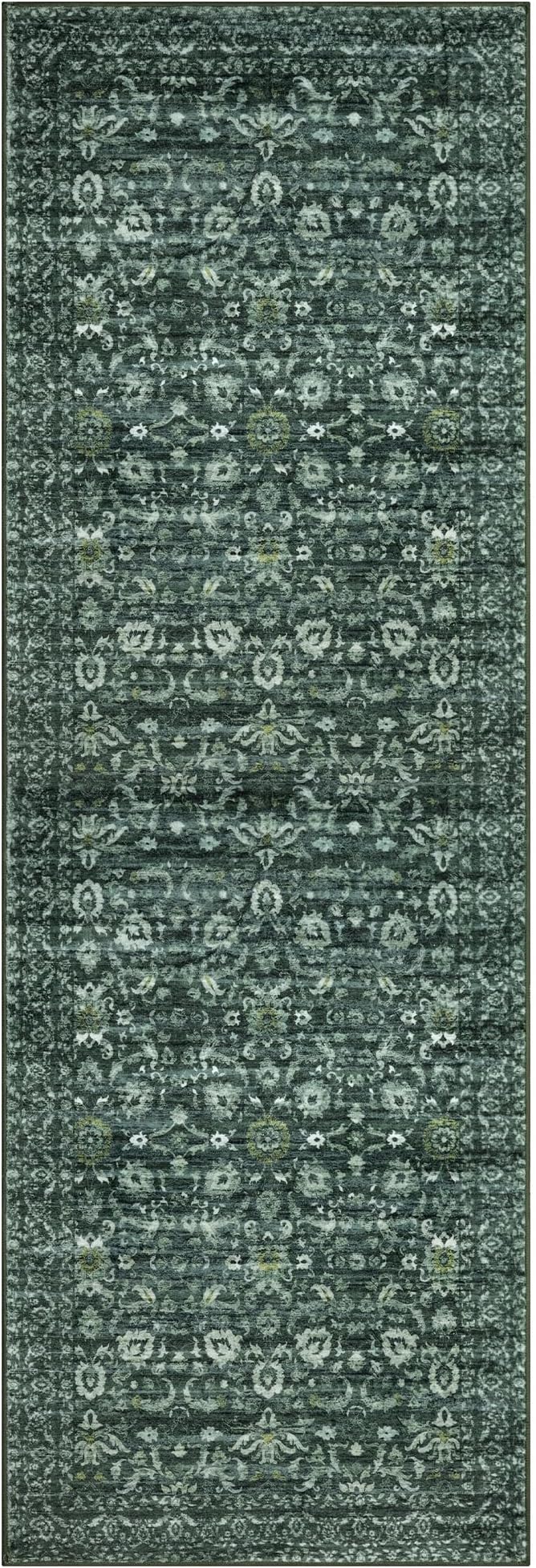 Vintage Runner Rug 3x10, Dark Green Washable Kitchen Runner Non-Slip Soft Hallway Rug Runner Floral Thin Print Faux Wool Carpet for Entryway Bedroom Laundry Room Indoor Home Office Decor