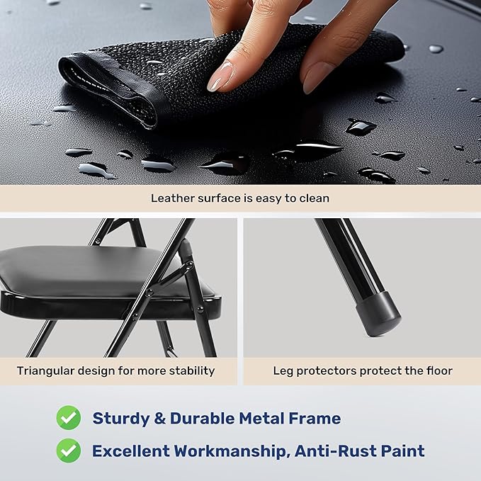 Simple Deluxe 2 Pack Portable Padded Folding Chairs, Leather Upholstered Seat Pad & Durable Metal Construction, Commercial-Grade Seating for Home, Office, Indoor Outdoor Events, Black