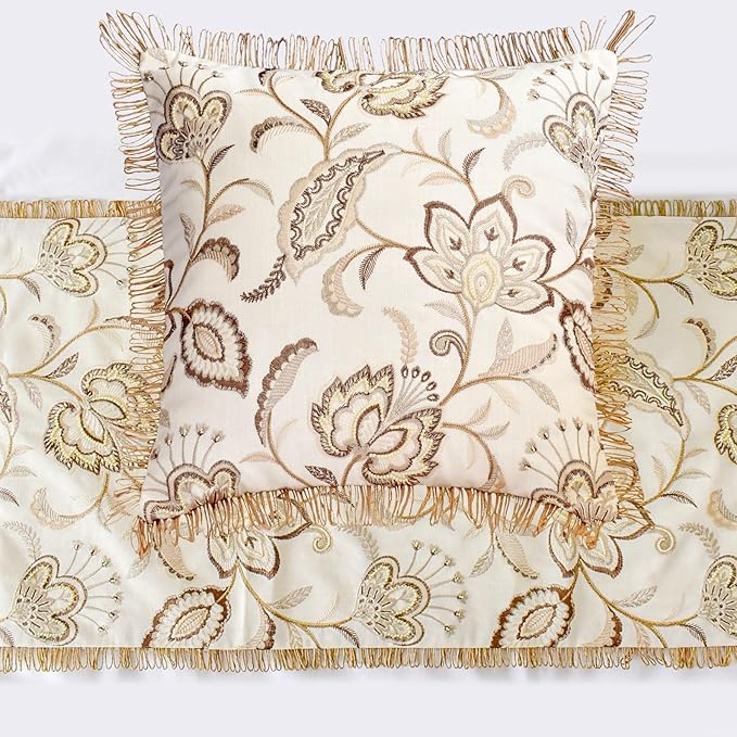 The HomeCentric King/Queen/Twin Beige Decorative Bed Runner King 90"x18" Bed Runner with One Pillow Cover, Floral, Pearl, Jute Lace, Embroidery Bed Scarf on Cotton Fabric - Floral Luster
