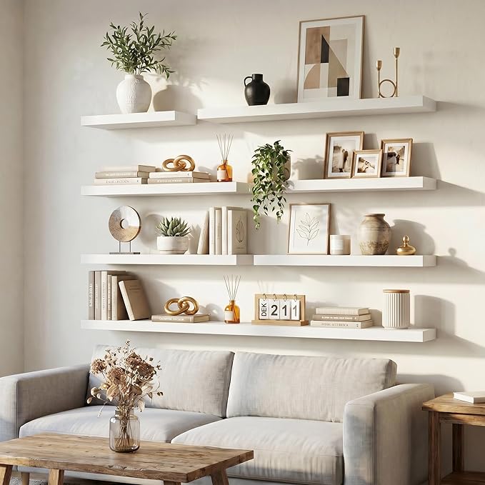 Venusmiles Floating Shelves for Wall, 48 Inch Floating Shelves Set of 1, 6.5" D Wooden Wall Mounted Display Shelves with Invisible Brackets for Living Room, Bedroom, Bathroom, Kitchen Decor, White