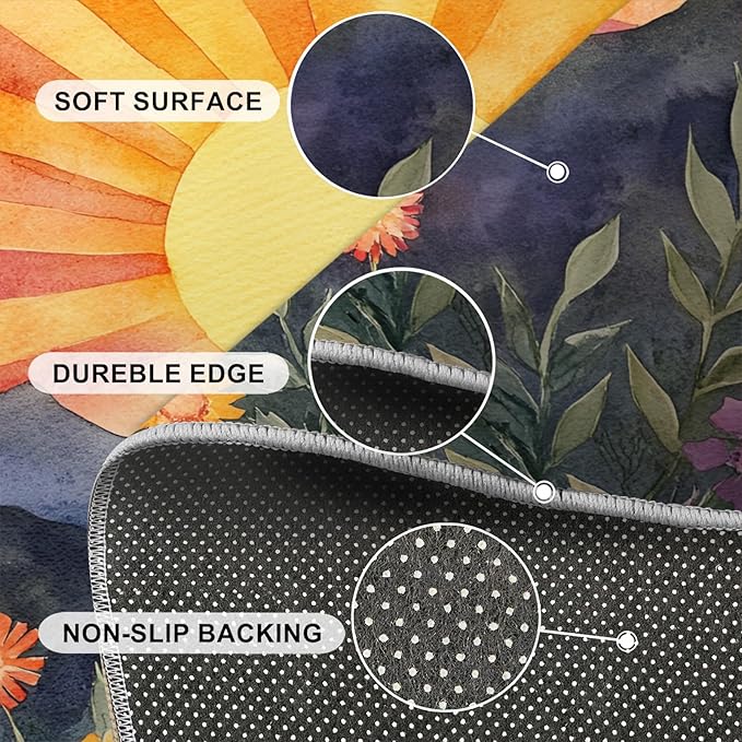 Boho Sun Runner Rugs 3x6ft, Radiant Sunburst Bedside Rug, Geometric Solar Laundry Rug with Non Slip Backing for Bedroom Kitchen Sink Front Door Entryway Indoor