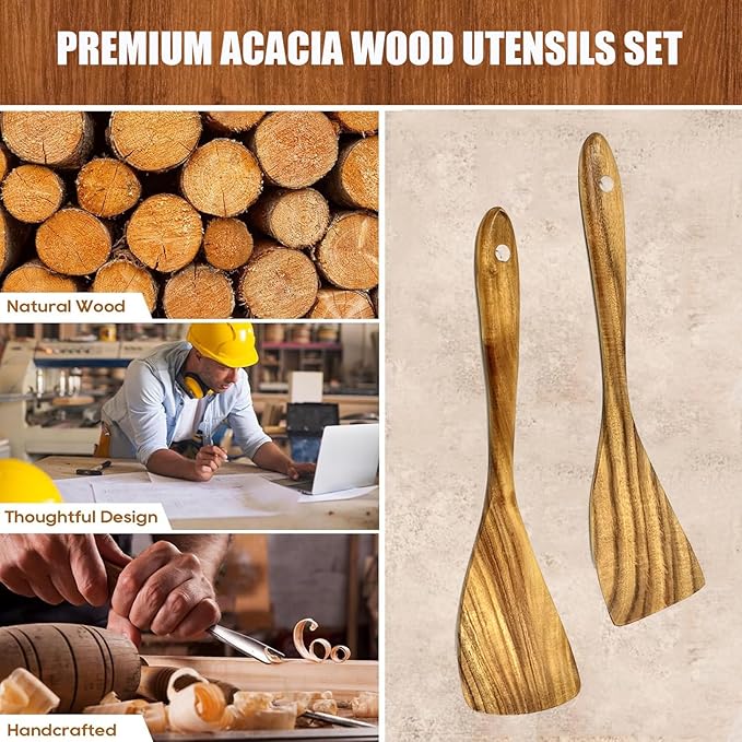 WOODBALA Teak Wood Rigth Handle Flat Turner for Kitchen Use, 2 Pcs Long Wooden Spatula for Cooking, Non Stick Wooden Cooking Utensils Set Flat Spatulas