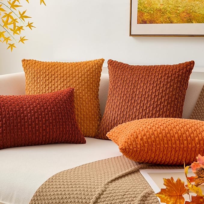 Kevin Textile Fall 12x24 Inch Pillow Cover 1 Pack Boho Decorative Soft Striped Corduroy Lumbar Farmhouse Solid Color Accent Rectangle Cushion Case for Living Room Couch Sofa Bed, Burnt Brick