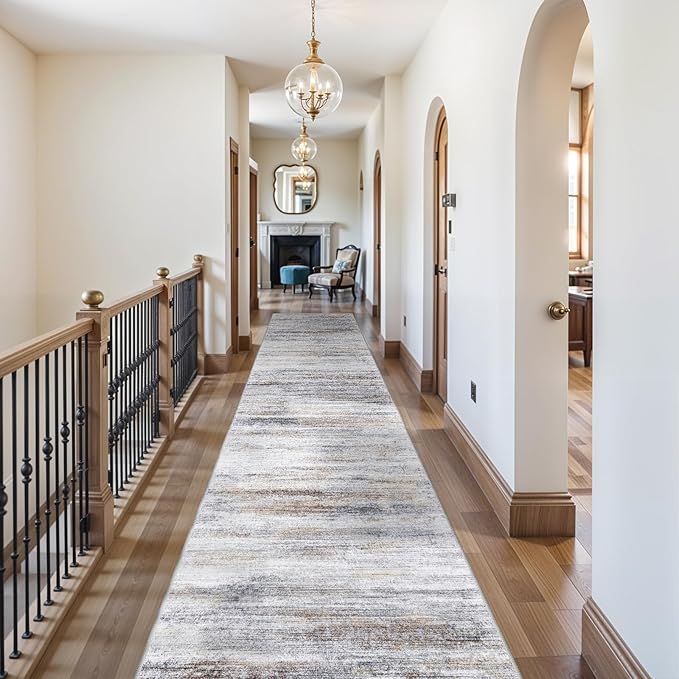 3x20 Washable Hallway Runner Rug: Extra Long Runners for Entryway Living Room Dining Room - Stain and Water Resistant Rugs with Non-Slip Backing - Soft Low-Pile Carpet 20ft Beige Grey