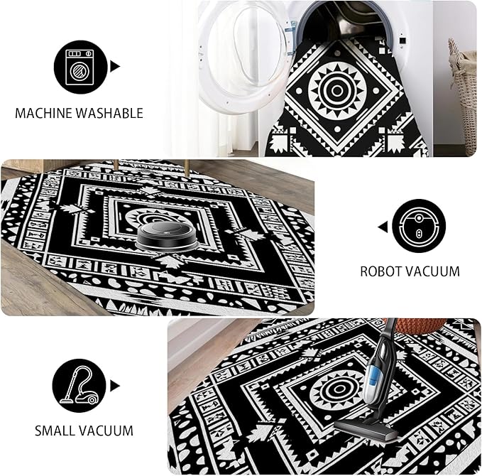 Area Rugs for Living Room 5x7, Moroccan Washable Low Pile Rug, Boho Neutral Farmhouse Ultra Soft Carpet for Bedroom Dining Room Home Decor, Geometric Print Tribal Carpets Black and White