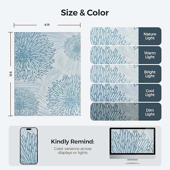 WITSHOCK 6x9 Washable Rug for Living Room,Modern Floral Distress Print Pattern Area Rugs,Stain Resistant with Non Slip Backing Carpet for Dining Room,Bedroom & Home Decor,Blue/Light Blue