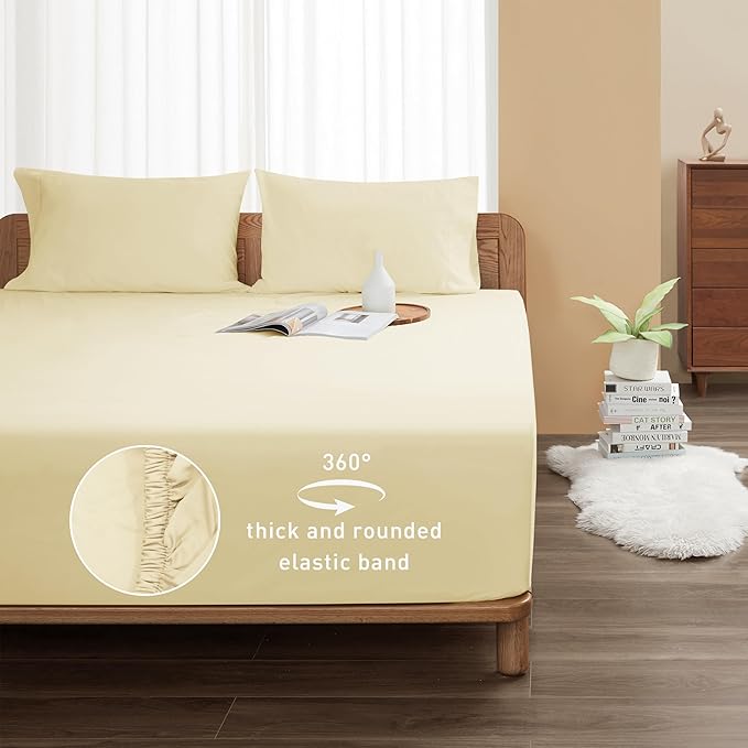 Sunflower Queen Fitted Sheet, 1-Piece Extra Deep Pocket Fitted Bottom Sheet 22", 100% Cotton Sateen Soft Breathable, Butter Cream