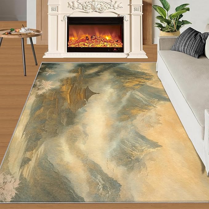 Misty Peaks Rugs for Bedroom - 6x9 Area Rug - Classic Fairy Palace Rugs for Living Room, Fairy Forest Rug, Washable Home Decor Carpet