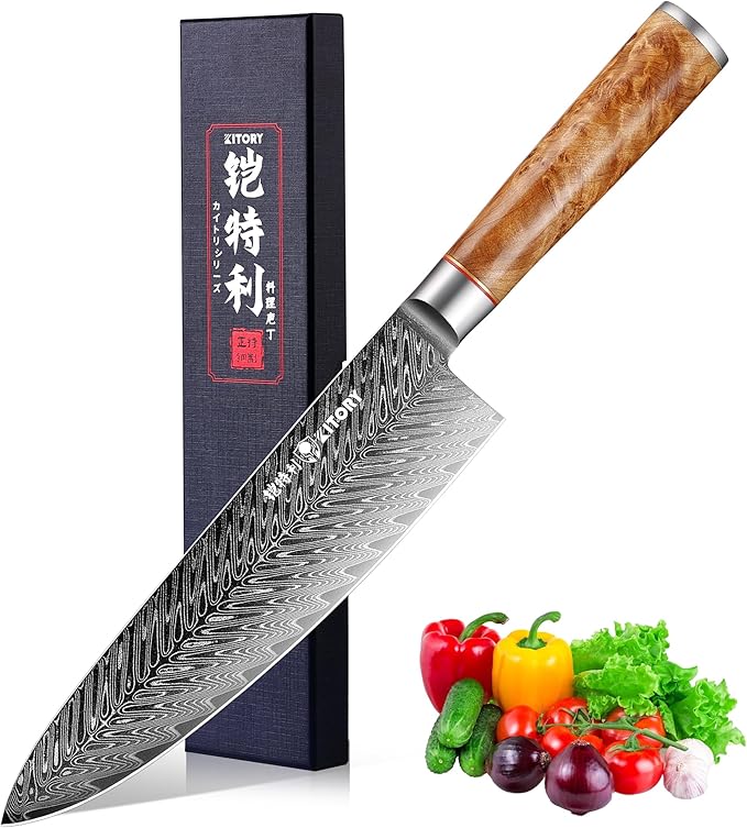 Kitory Damascus Chef Knife, 8" Ultra Sharp Kitchen knife - High Carbon 73-Layer 10Cr15CoMoV Stainless Steel - with White Shadow Wood Handle, for Kitchen and Restaurant, 2025 Gift