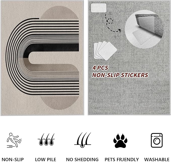 Modern Washable Rug for Living Room 4x6, Boho Abstract Striped Area Rugs, Soft Non Slip Low Pile Farmhouse Carpet for Bedroom Dining Room Kitchen, Stain Resistant, Pet Friendly, Beige Black