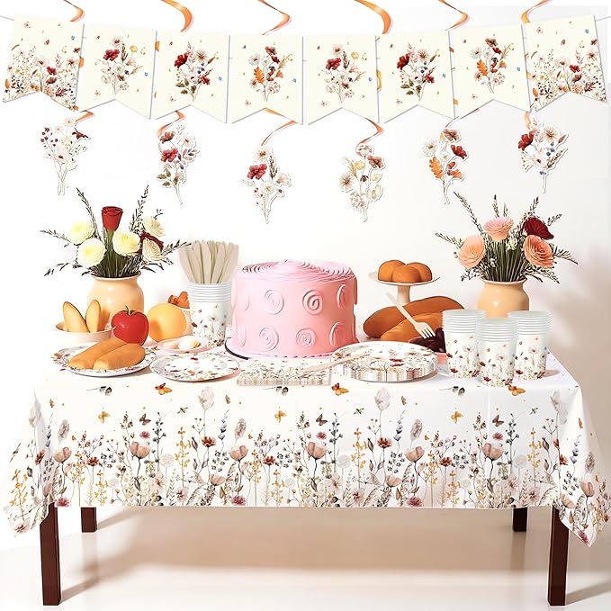 152Pcs Spring Wildflower Party Decorations include Plates, Cups, Napkins, Banner, Tablecloth for Floral Baby Shower Birthday Wedding Decorations, Serves 24