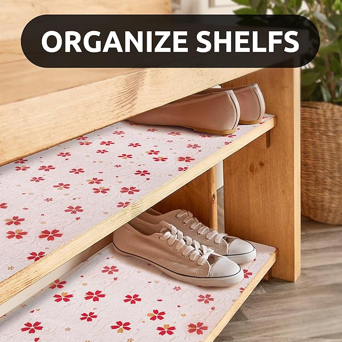 RAY STAR 18X96 Inch Shelf Liner for Kitchen Cabinets, Non-Adhesive Cabinet Liner Washable, PVC Drawer Liner for Dresser Non-Slip Bathroom (Red Floral)(1 Roll)