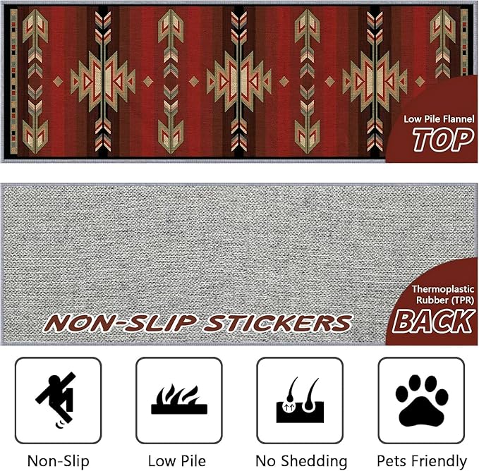 Red Arrow Runner Rug, 2x8ft Retro Geometric Hallway Runner Rug - Corridor & Busy Home Foyer Rugs, Washable Flannel Non-Slip Mat, Southwestern Tribe Decor Carpet for High-Traffic Areas