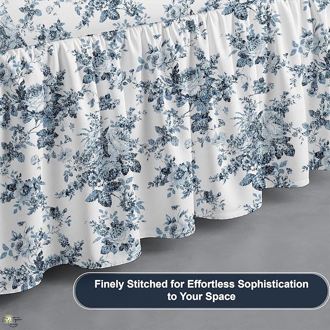 Cottington Lane Ruffled Bed Skirt Twin Size with Split Corner, Brushed Microfiber Hotel Quality Dust Ruffle, 15 Inch Drop Gathered Bedskirt, Soft, Stylish, Shrink & Fade Resistant, Blue Floral Bliss