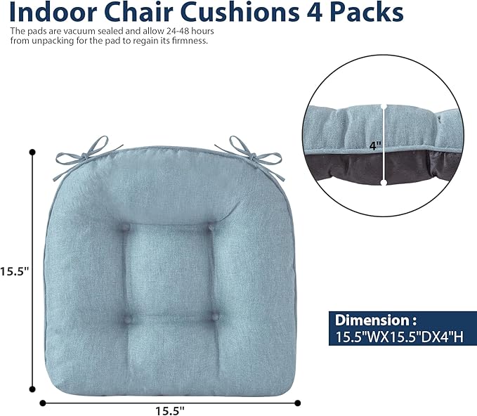 Chair Cushions for Dining Chairs, Seat Cushions for Kitchen Chairs, Indoor Seat Cushions with Ties, Tufted Foam Chair Pads, Non Slip Chair Cushions Set of 4, 15.5" x 15.5" x 4", Light Blue