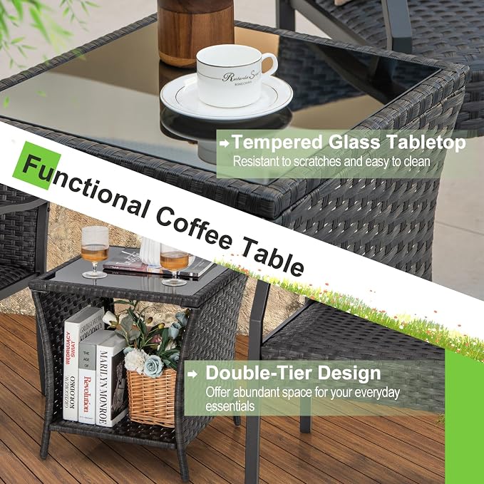 Tangkula 3 Pieces Patio Wicker Chair Set, Waterproof All Weather Resistant