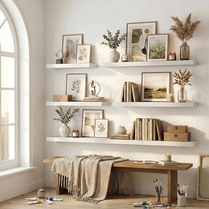 12 inch Deep Floating Shelves for Wall, 72 inch Wide Engineered Wood Wall
