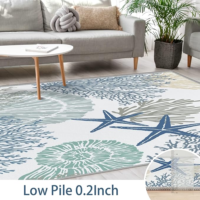 Tritard Coastal Area Rugs Nautical Beach Themed Non-Slip Machine Washable Rugs Modern Floor Carpet for Living Room Bedroom, 8x10, Blue