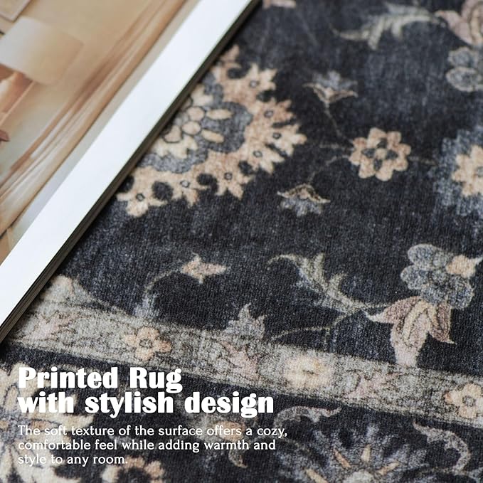 Washable Area Rug 5x8 - Traditional Floral Living Room Rug Soft Bedroom Rug Ultra-Thin Charcoal Black Vintage Farmhouse Bohemian Dining Room Rugs for Under Table Indoor Carpet for Living Room