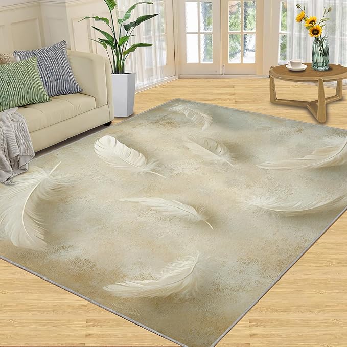 4x5 Feathers Indoor Outdoor Rug - Minimalist Feathers Bedside Rug, Natural Still Life Washable Entry Way Rugs Kids Carpet for Inside House Playroom Living Room End Table Nursery