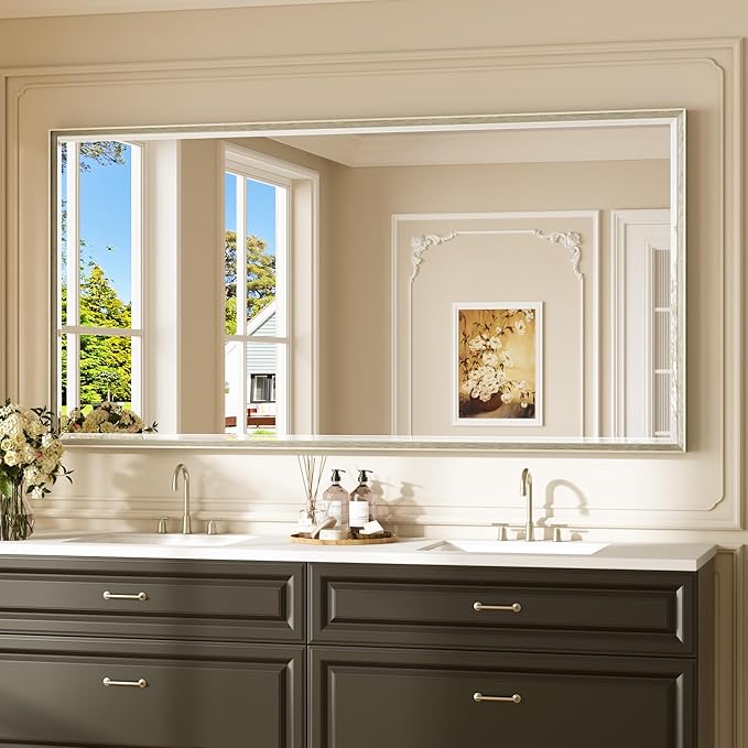 Keonjinn 72" x 36" Brushed Nickel Bathroom Mirrors for Over Sink, Beveled Edge Tempered Glass, Decorative Aluminum Alloy Frame, Rustproof, Large Rectangular Vanity Wall-Mounted Mirror for Dining Room