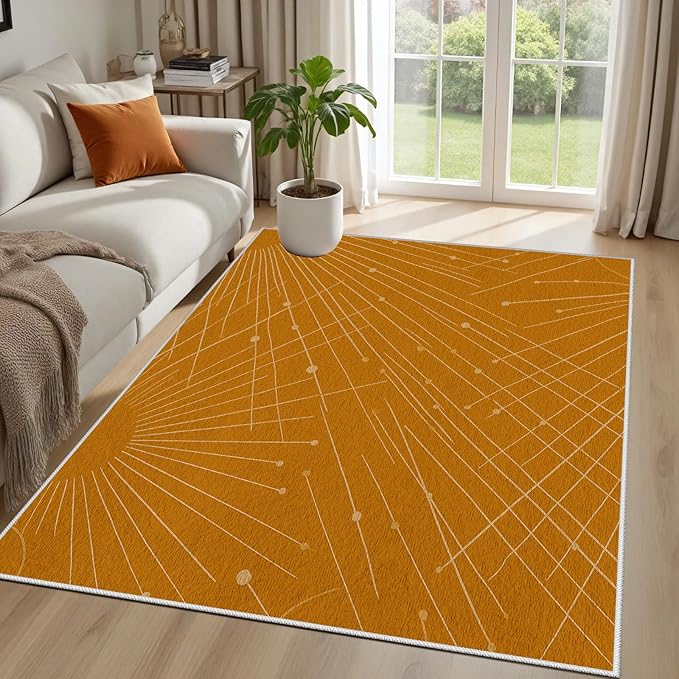Modern Washable Area Rug 3x4, Boho Minimalist Non-Slip Rugs, Abstract Striped Soft Carpet for Living Room Bedroom Nursery Room Home Decor Office, Pet Friendly, Orange Beige