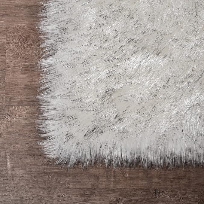 Latepis Rugs for Living Room Faux Fur Rug 5x6.7 White with Grey Tips Washable Sheepskin Rugs Bedside Shag Rug for Bedroom Dorm Home Decor Rectangle