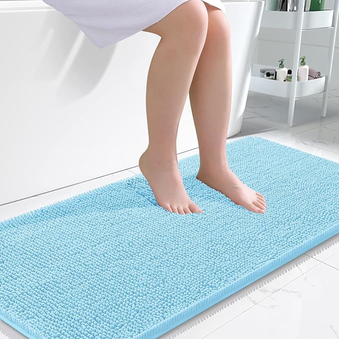 OLANLY Bathroom Rugs 47x24, Extra Soft Absorbent Chenille Bath Rugs, Rubber Backing Quick Dry, Machine Washable Bath Mats for Bathroom Floor, Tub and Shower, Home Decor Accessories, Sky Blue