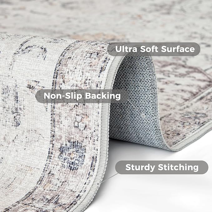 jinchan Kalen Round Rug 4ft Area Rug Washable Vintage Indoor Retro Entryway Floor Cover Distressed Gray Floral 4' Round Circle Boho Non Slip Thin Carpet for Bedroom Living Room Dining Room Grey