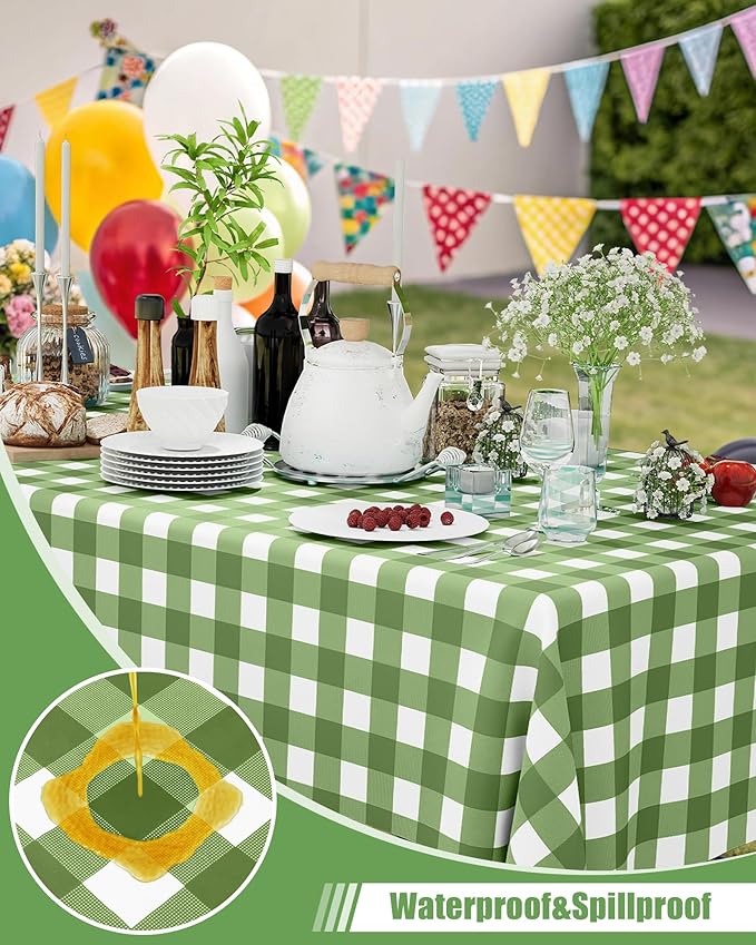 Smiry 20 Packs Gingham Disposable Table Cloth, 54 x 108 Inch Waterproof Plastic Tablecloth, Rectangle Sage Green and White Checkered Table Covers for Picnic, Birthday, Party