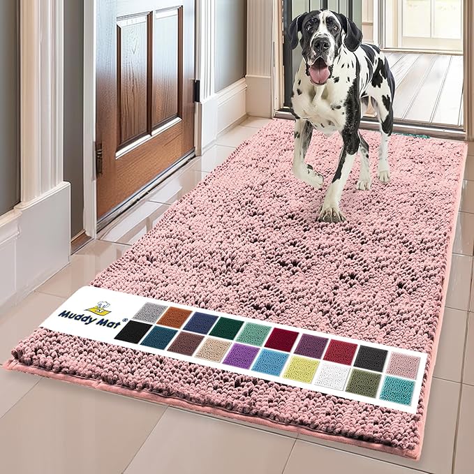 Muddy Mat® | Super Absorbent Door Mat Indoor, Microfiber Quick Dry Chenille Entryway Rug, Non-Slip Front Door Mat, Indoor Mats for Entryway, Machine Washable Pet Rug, Pink 35"x60"