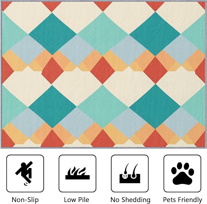 6x9 Rug Washable - Geometric Rug for Bedroom, Colorful Retro Mid Century Modern Non Slip Low Pile Area Rugs for Living Room, Geometric Carpets Home Decor & Gifts