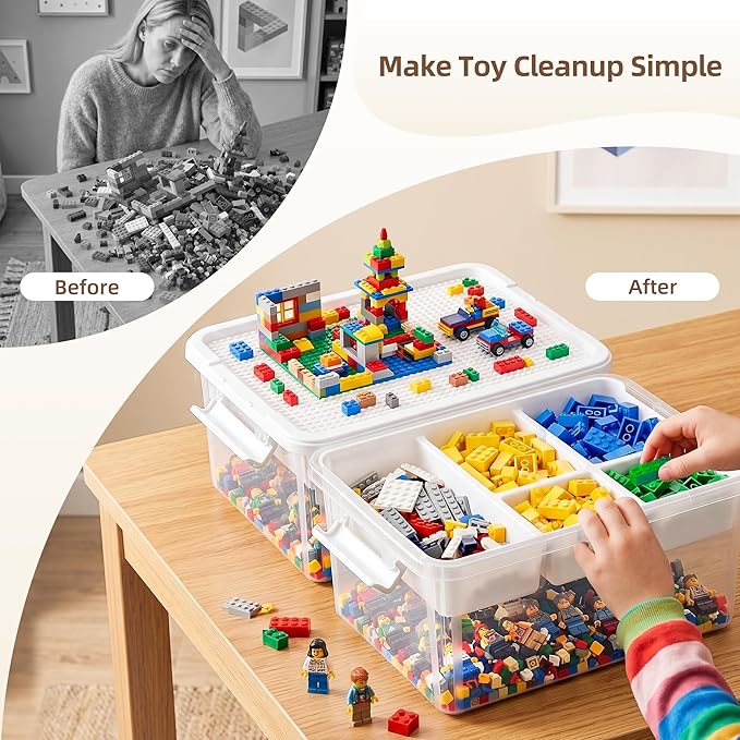 Citylife Toy Storage Box, 17 QT Building Brick Organizer with Buildable Baseplate Lid and Removable Trays, Kids Block Organizer for Playroom and Art Supplies, 2 Pack