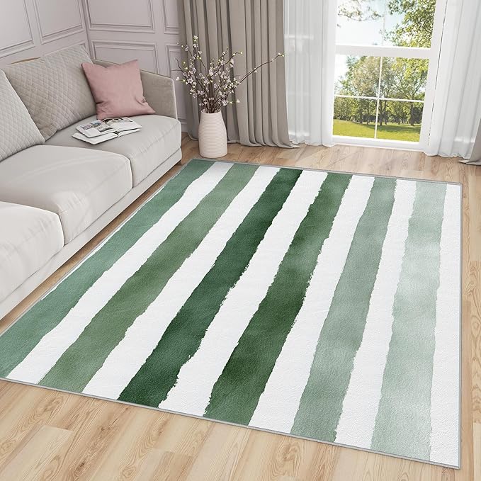 Striped Large Area Rug - 7x10 Rug - Green and White Stripe Minimalist Watercolor Rugs for Living Room Non Slip Low Pile Machine Washable Area Rugs, Striped Carpets Home Decor & Gifts