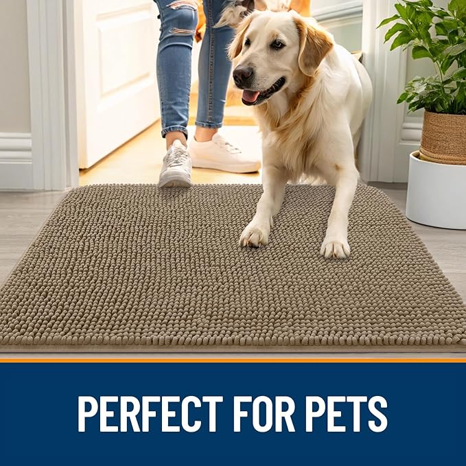 OLANLY Dog Door Mat for Muddy Paws 30x20, Absorbs Moisture and Dirt, Absorbent Non-Slip Washable Doormat, Quick Dry Chenille Mud Mat for Dogs, Entry Indoor Entryway Carpet for Inside Floor, Tan