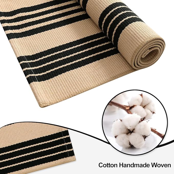 OJIA Front Door Mat Outdoor 24''x35'' Washable Front Door Rug Black and Tan Entry Rug Indoor Outdoor Rugs Doormat Cotton Woven Striped Small Area Rugs for Porch/Bathroom/Farmhouse/Home Entrance