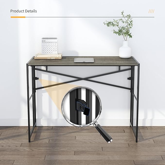 Lutown-Teen 40 inch Folding Desk, Writing Gaming Computer Camping Desk, No Assembly Required Home Office Table, Black Oak