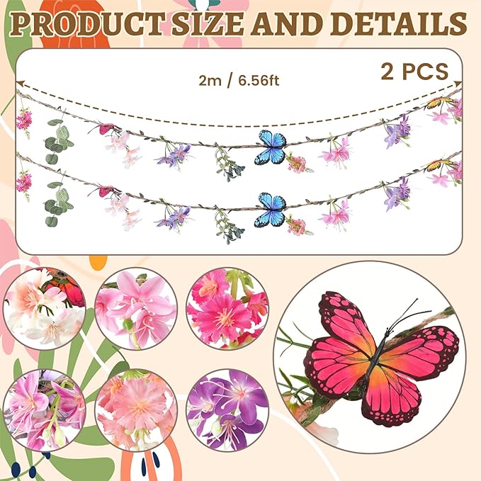 Hahafelt 2 Pcs 6.56 ft Spring Wildflower Garland Banner with Butterfly Green Leaves Artificial Fake Hanging Flower Vine for Garden Tea Party Fairy Wall Home Wedding Indoor Outdoor Decor (Wildflower)