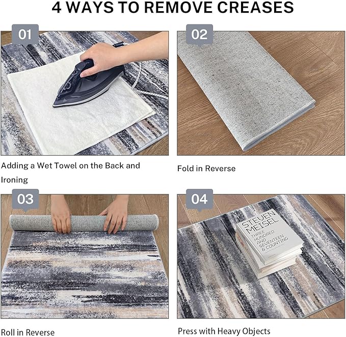Modern Abstract Runner Rug 2x10, Grey Black Multi Washable Long Kitchen Runner Non-Slip Soft Hallway Rug Runner Thin Print Faux Wool Carpet for Entryway Bedroom Laundry Room Indoor Home Decor