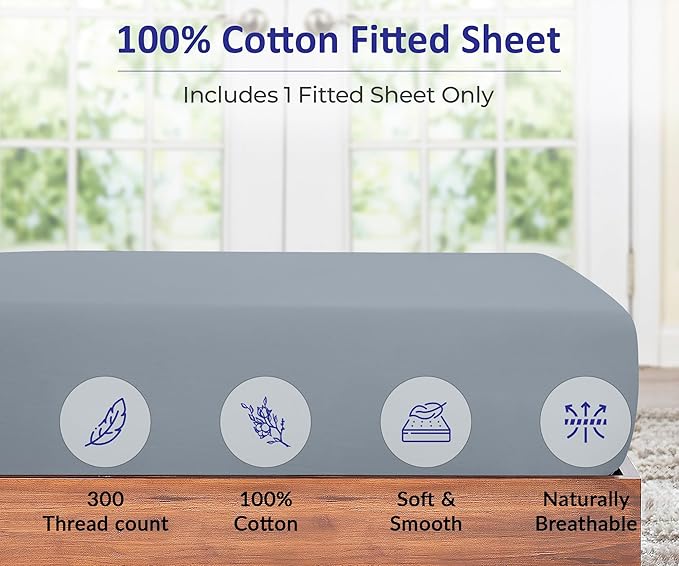 ROYALE LINENS 300 Thread Count 100% Long Staple Combed Cotton Fitted Sheet King - Super Soft Deep Pocket Bottom Sheet - Fitted Sheets Only - Elastic Sheets (King, Lake Blue)
