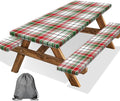 Red Green White Plaid Picnic Table Cover with Bench Covers and Bag, Camping Essentials, Water Resistant Windproof, Fitted Tablecloth Cover with Elastic Edge, for Indoor & Outdoor 3 PCS, 30x96 Inch