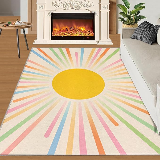 Boho Sun Area Rugs 5x6ft, Minimalist Sunburst Rugs for Kids Bedroom, Abstraction Deco Office Rug Low Pile are Not Stumbling Foot for Living Room End Table Nursery