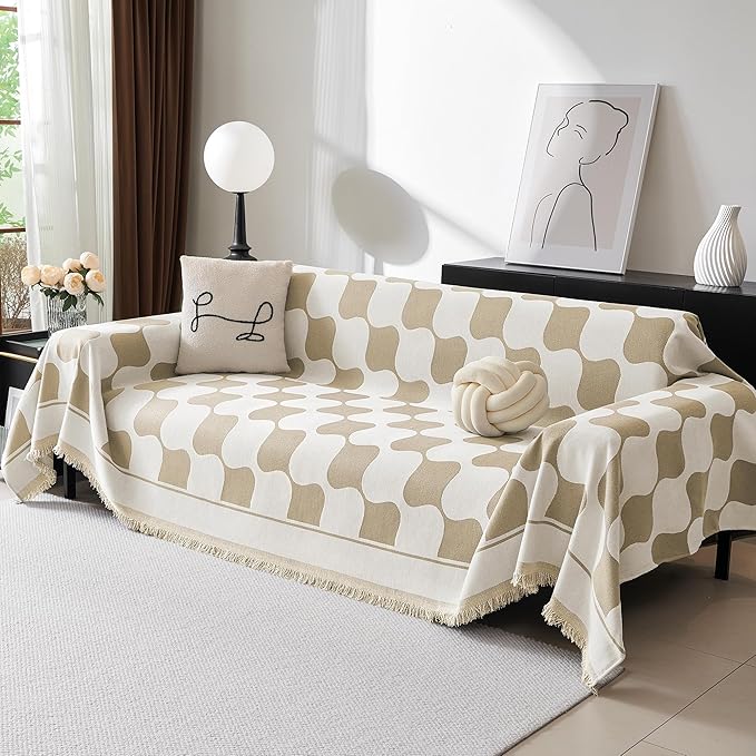 MEETSKY Couch Cover Modern Khaki White Plaid Jacquard Sofa Slipcover U Shape Sofa Protector for 3 Cushion Couch Sofa, Chenille Sofa Couch Coverfor Dogs Kids, 91" X134", Khaki Checkerboard