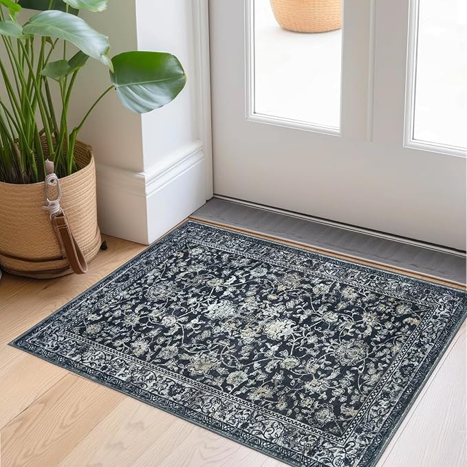 KILOCOCO Moroccan Small Area Rug 2x3 Entryway Rugs Printed Vintage Floral Washable Rug Non-Slip Kitchen Rug Indoor Door Mat, Accent Throw Small Rugs for Laundry Room Bedroom Entrance, Navy/Charcoal