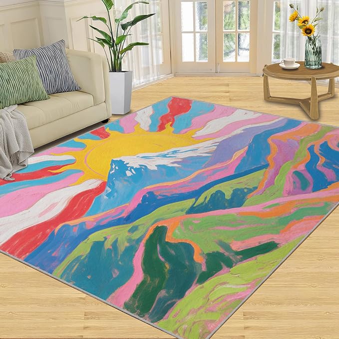 Boho Sun Area Rugs 3x5ft, Watercolor Mountain Boys Rugs for Bedroom, Abstraction Deco Kids Room Rug Soft Fuzzy Washable for Living Room Game Room Coffee Table