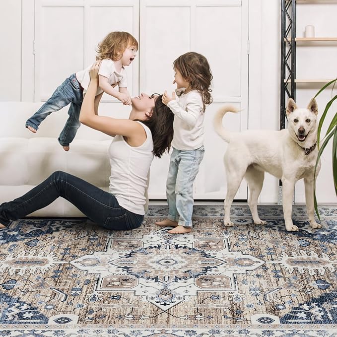 Washable Rugs 5x7 Area Rugs for Living Room, Thin Carpet for Bedroom, Soft Faux Wool Retro Dining Room Rug，Non Slip&Non-Shedding Resistant Low Pile Vintage Print Rug for Home Office (Taupe/Blue)