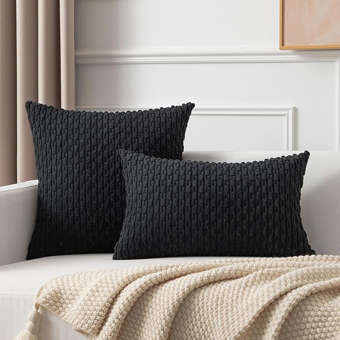 Kevin Textile 14x24 Inch Pillow Cover 1 Pack Boho Decorative Soft Striped Corduroy Lumbar Farmhouse Accent Rectangle Cushion Case for Living Room Couch Sofa Bed, Black