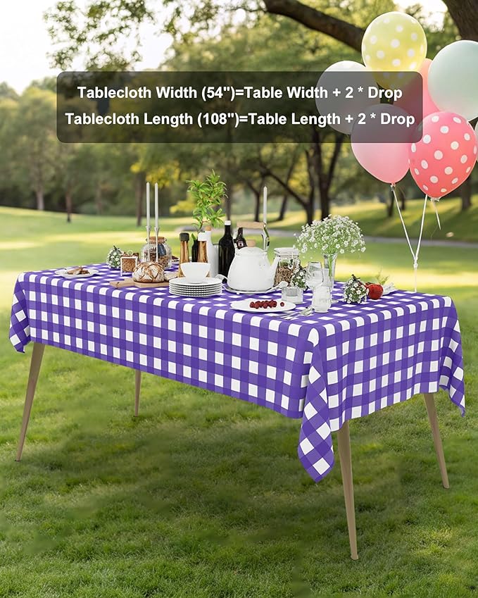 Smiry 12 Packs Gingham Disposable Table Cloth, 54 x 108 Inch Waterproof Plastic Tablecloth, Rectangle Purple and White Checkered Table Covers for Picnic, Birthday, Party